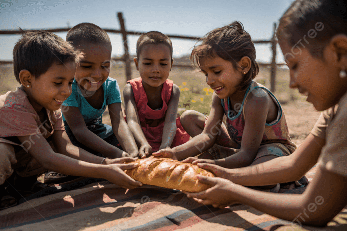 pngtree-children-gathering-together-sharing-fresh-baked-bread-outdoors-d-picture-image_16607317